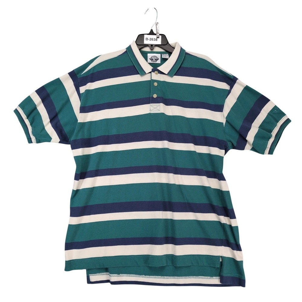 Vintage 90s Dockers Blue Teal Striped Polo Shirt Mens L USA Cotton Preppy Rugby